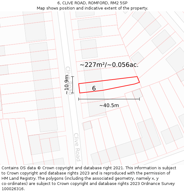 6, CLIVE ROAD, ROMFORD, RM2 5SP: Plot and title map