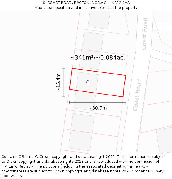 6, COAST ROAD, BACTON, NORWICH, NR12 0AA: Plot and title map