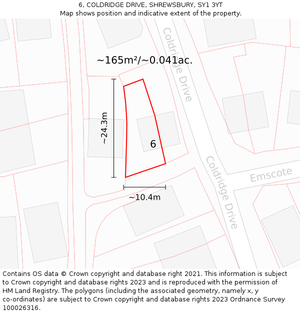 6, COLDRIDGE DRIVE, SHREWSBURY, SY1 3YT: Plot and title map
