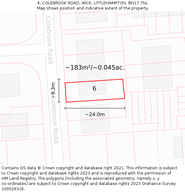 6, COLEBROOK ROAD, WICK, LITTLEHAMPTON, BN17 7NL: Plot and title map