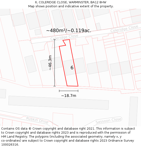 6, COLERIDGE CLOSE, WARMINSTER, BA12 8HW: Plot and title map