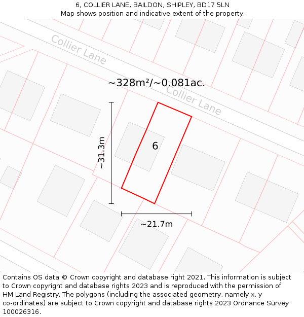 6, COLLIER LANE, BAILDON, SHIPLEY, BD17 5LN: Plot and title map