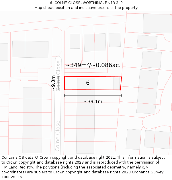 6, COLNE CLOSE, WORTHING, BN13 3LP: Plot and title map