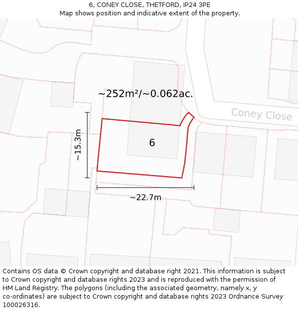6, CONEY CLOSE, THETFORD, IP24 3PE: Plot and title map