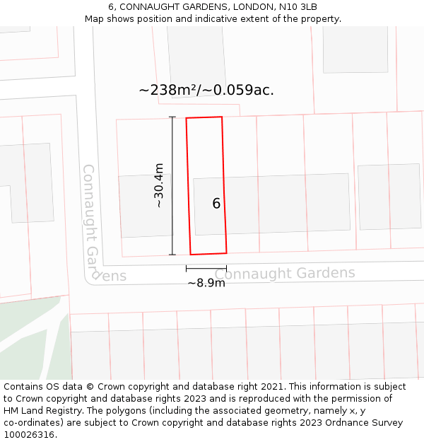 6, CONNAUGHT GARDENS, LONDON, N10 3LB: Plot and title map