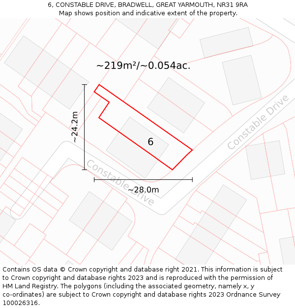 6, CONSTABLE DRIVE, BRADWELL, GREAT YARMOUTH, NR31 9RA: Plot and title map