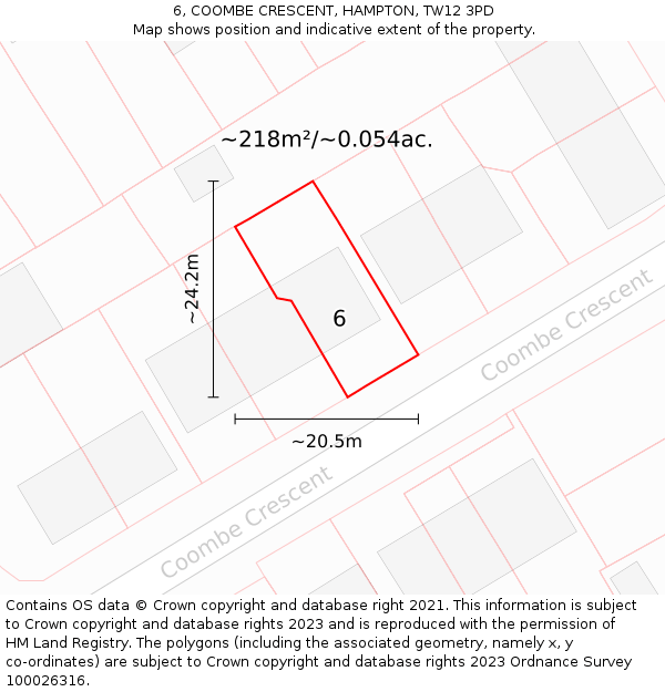 6, COOMBE CRESCENT, HAMPTON, TW12 3PD: Plot and title map