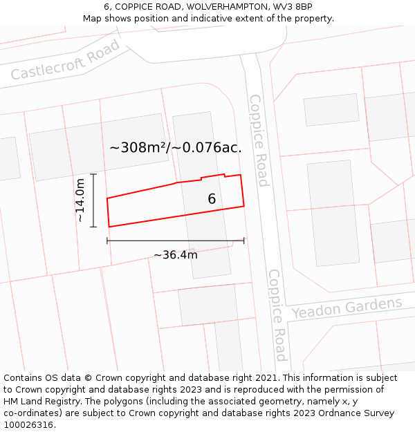 6, COPPICE ROAD, WOLVERHAMPTON, WV3 8BP: Plot and title map