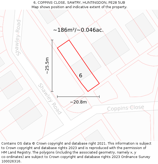 6, COPPINS CLOSE, SAWTRY, HUNTINGDON, PE28 5UB: Plot and title map