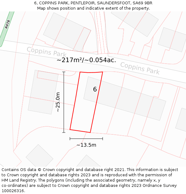6, COPPINS PARK, PENTLEPOIR, SAUNDERSFOOT, SA69 9BR: Plot and title map