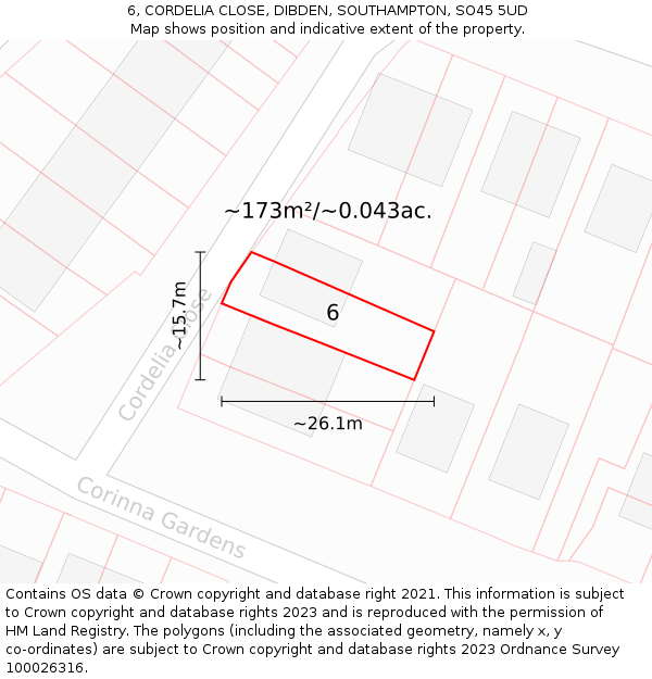 6, CORDELIA CLOSE, DIBDEN, SOUTHAMPTON, SO45 5UD: Plot and title map