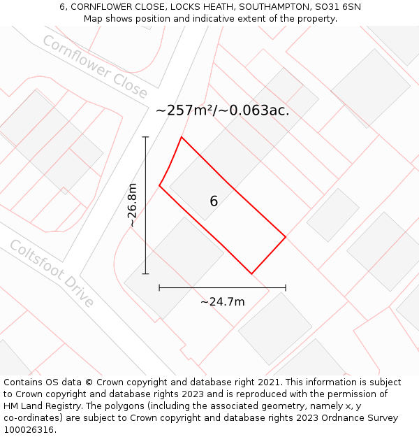 6, CORNFLOWER CLOSE, LOCKS HEATH, SOUTHAMPTON, SO31 6SN: Plot and title map