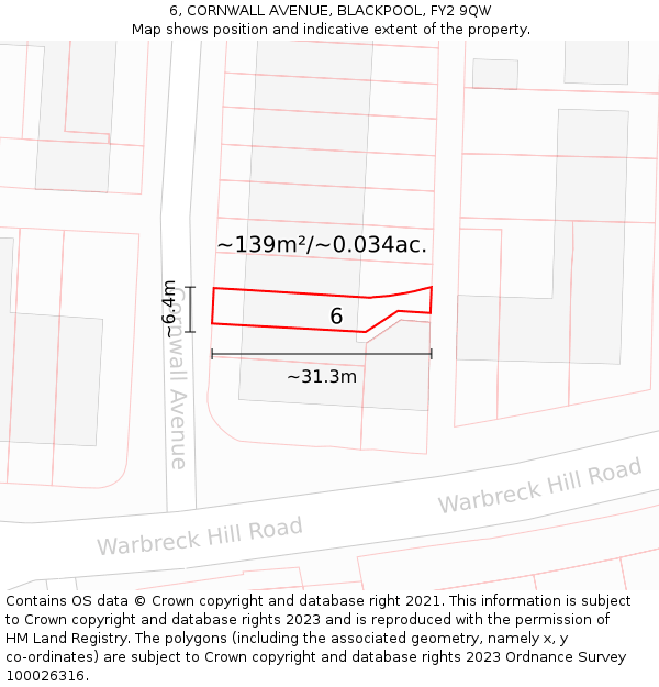 6, CORNWALL AVENUE, BLACKPOOL, FY2 9QW: Plot and title map