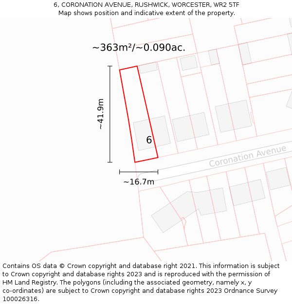 6, CORONATION AVENUE, RUSHWICK, WORCESTER, WR2 5TF: Plot and title map