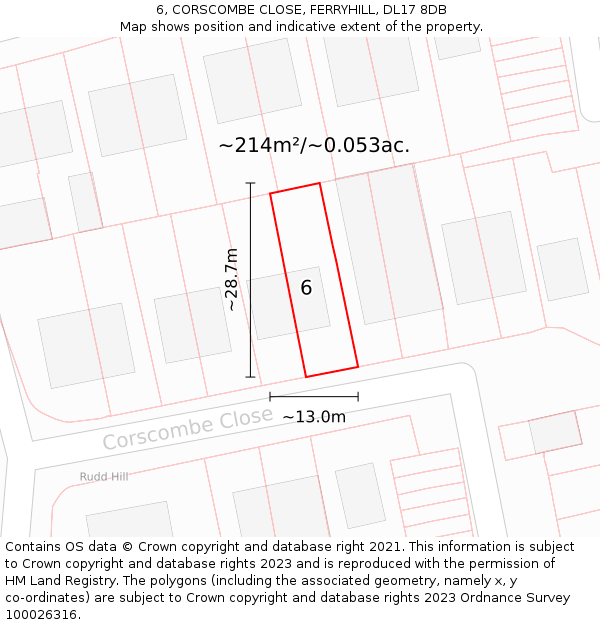 6, CORSCOMBE CLOSE, FERRYHILL, DL17 8DB: Plot and title map