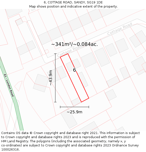 6, COTTAGE ROAD, SANDY, SG19 1DE: Plot and title map