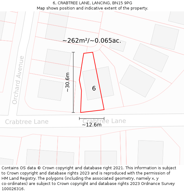 6, CRABTREE LANE, LANCING, BN15 9PG: Plot and title map