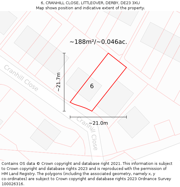 6, CRANHILL CLOSE, LITTLEOVER, DERBY, DE23 3XU: Plot and title map
