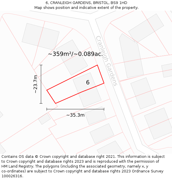 6, CRANLEIGH GARDENS, BRISTOL, BS9 1HD: Plot and title map
