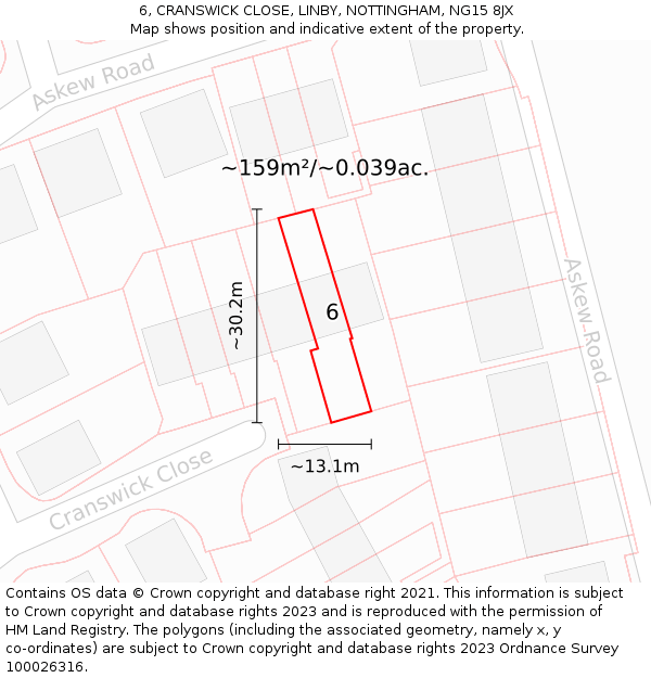 6, CRANSWICK CLOSE, LINBY, NOTTINGHAM, NG15 8JX: Plot and title map