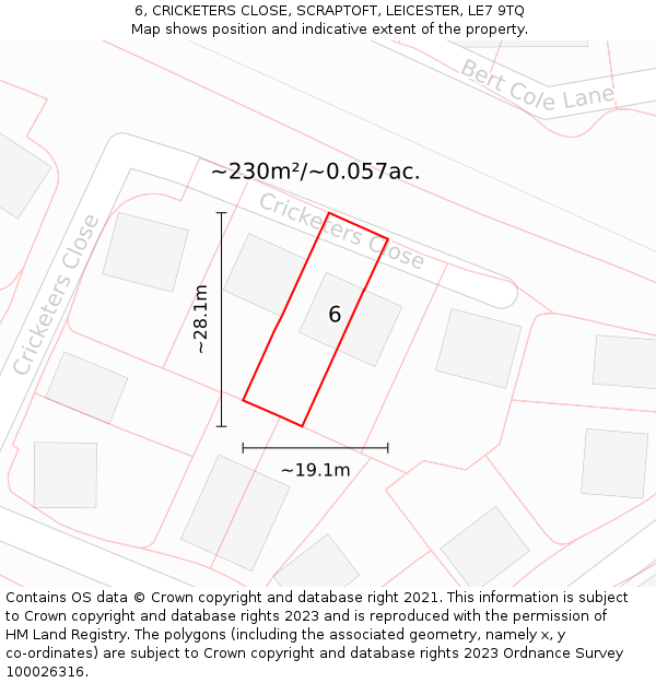 6, CRICKETERS CLOSE, SCRAPTOFT, LEICESTER, LE7 9TQ: Plot and title map