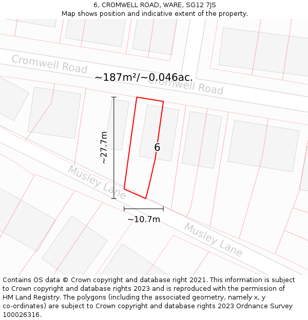 6, CROMWELL ROAD, WARE, SG12 7JS: Plot and title map