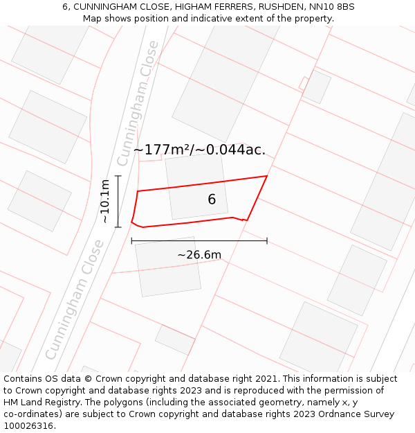 6, CUNNINGHAM CLOSE, HIGHAM FERRERS, RUSHDEN, NN10 8BS: Plot and title map