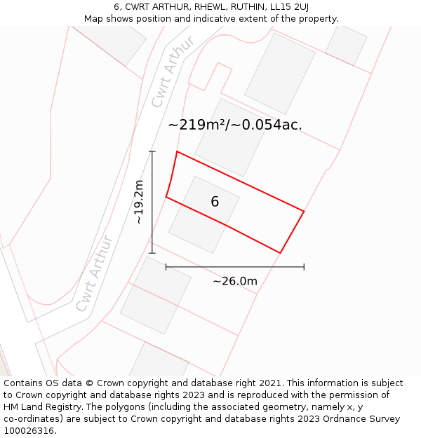 6, CWRT ARTHUR, RHEWL, RUTHIN, LL15 2UJ: Plot and title map
