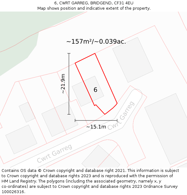 6, CWRT GARREG, BRIDGEND, CF31 4EU: Plot and title map