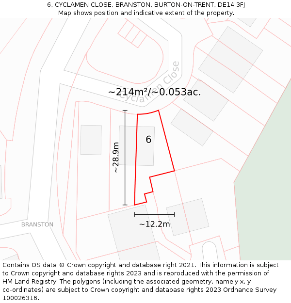 6, CYCLAMEN CLOSE, BRANSTON, BURTON-ON-TRENT, DE14 3FJ: Plot and title map