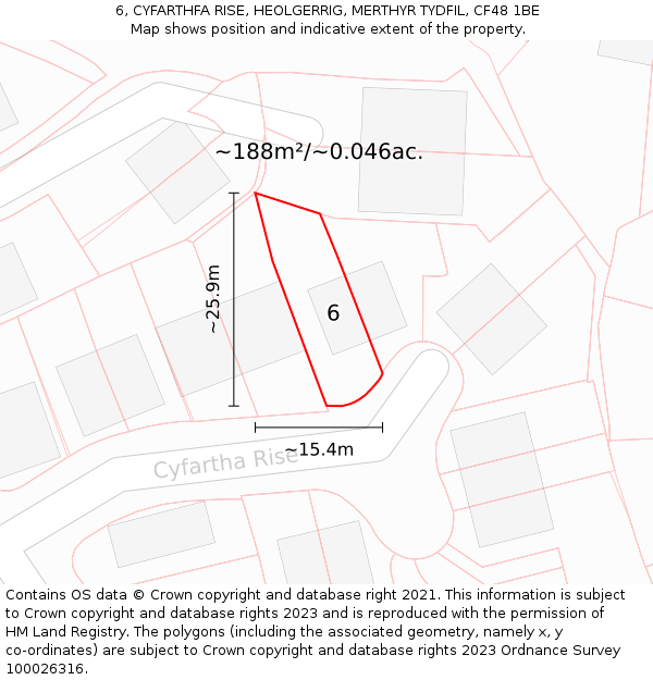 6, CYFARTHFA RISE, HEOLGERRIG, MERTHYR TYDFIL, CF48 1BE: Plot and title map