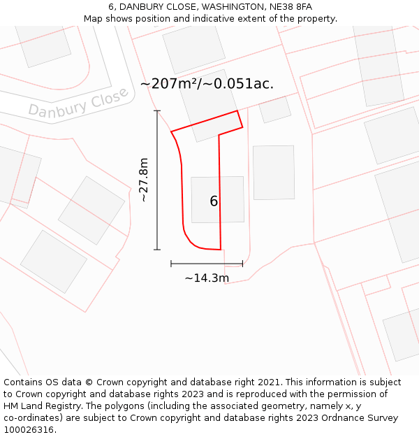 6, DANBURY CLOSE, WASHINGTON, NE38 8FA: Plot and title map