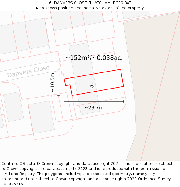 6, DANVERS CLOSE, THATCHAM, RG19 3XT: Plot and title map