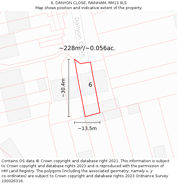 6, DANYON CLOSE, RAINHAM, RM13 9LS: Plot and title map
