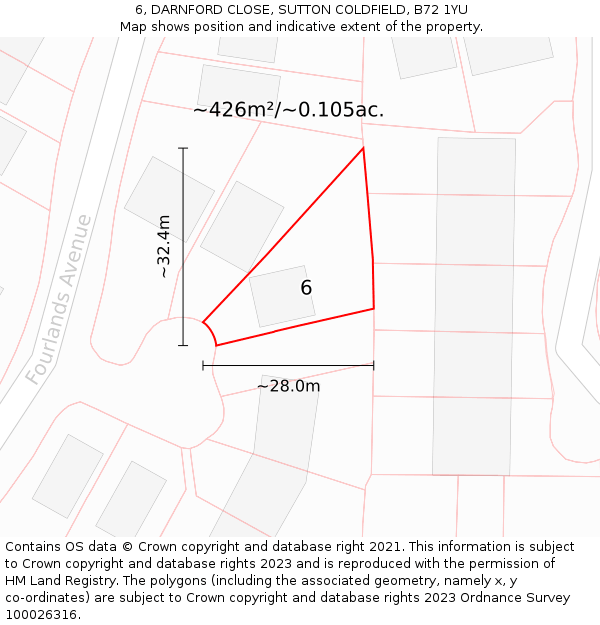 6, DARNFORD CLOSE, SUTTON COLDFIELD, B72 1YU: Plot and title map