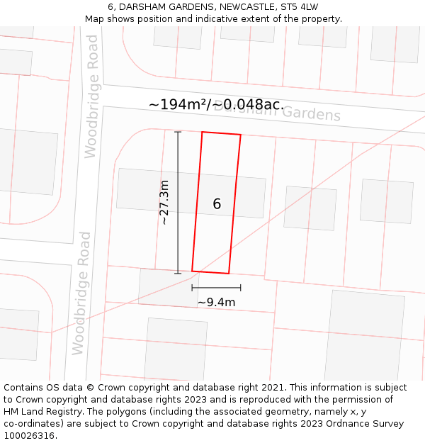 6, DARSHAM GARDENS, NEWCASTLE, ST5 4LW: Plot and title map