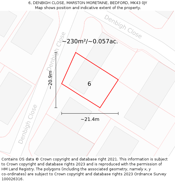 6, DENBIGH CLOSE, MARSTON MORETAINE, BEDFORD, MK43 0JY: Plot and title map