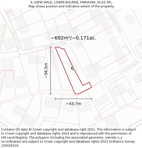 6, DENE WALK, LOWER BOURNE, FARNHAM, GU10 3PL: Plot and title map