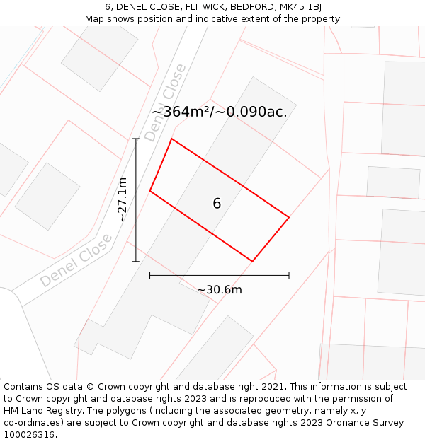 6, DENEL CLOSE, FLITWICK, BEDFORD, MK45 1BJ: Plot and title map