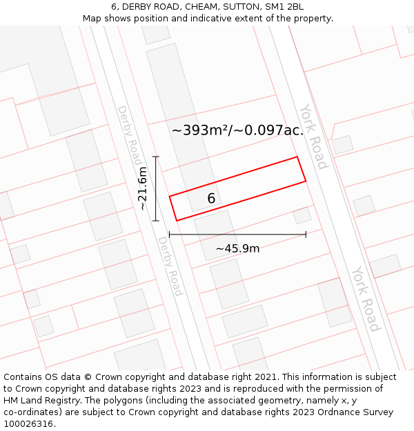 6, DERBY ROAD, CHEAM, SUTTON, SM1 2BL: Plot and title map