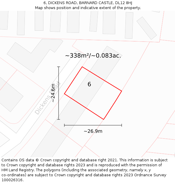 6, DICKENS ROAD, BARNARD CASTLE, DL12 8HJ: Plot and title map