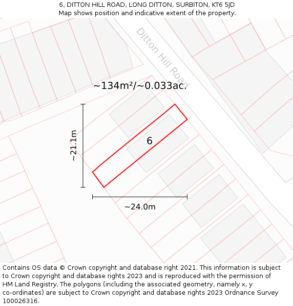 6, DITTON HILL ROAD, LONG DITTON, SURBITON, KT6 5JD: Plot and title map