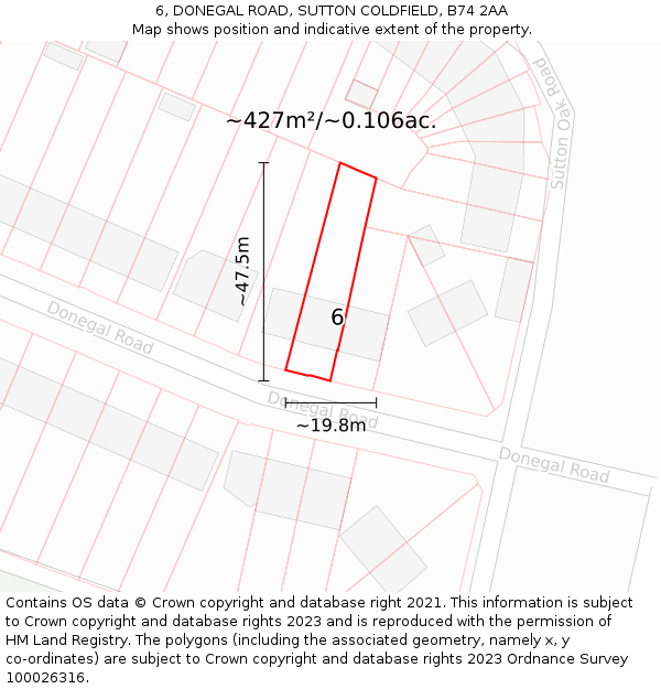 6, DONEGAL ROAD, SUTTON COLDFIELD, B74 2AA: Plot and title map