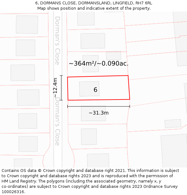 6, DORMANS CLOSE, DORMANSLAND, LINGFIELD, RH7 6RL: Plot and title map