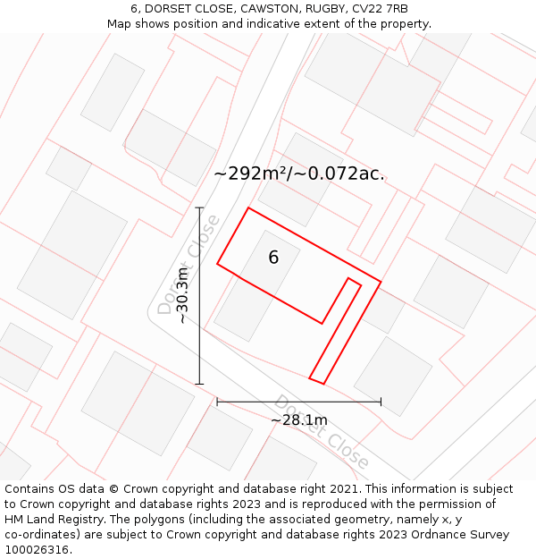 6, DORSET CLOSE, CAWSTON, RUGBY, CV22 7RB: Plot and title map