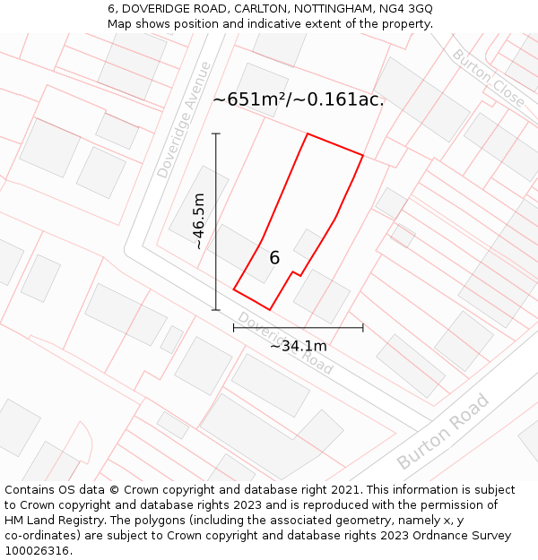 6, DOVERIDGE ROAD, CARLTON, NOTTINGHAM, NG4 3GQ: Plot and title map