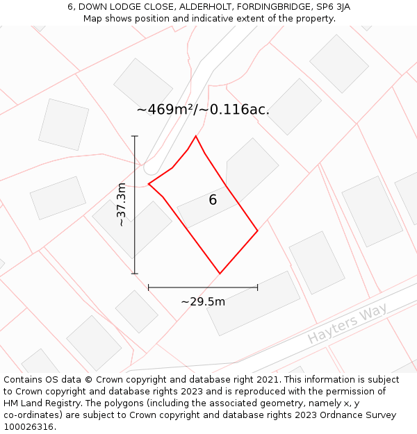 6, DOWN LODGE CLOSE, ALDERHOLT, FORDINGBRIDGE, SP6 3JA: Plot and title map