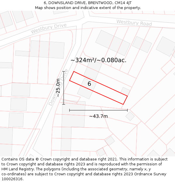 6, DOWNSLAND DRIVE, BRENTWOOD, CM14 4JT: Plot and title map