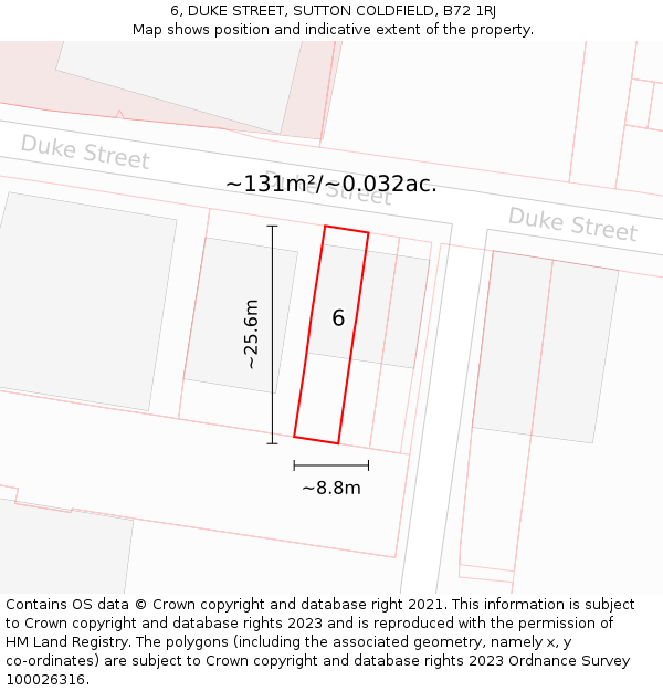 6, DUKE STREET, SUTTON COLDFIELD, B72 1RJ: Plot and title map