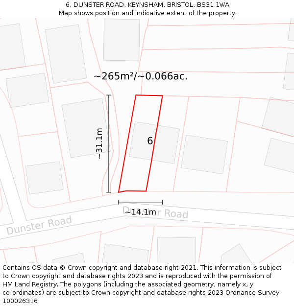 6, DUNSTER ROAD, KEYNSHAM, BRISTOL, BS31 1WA: Plot and title map